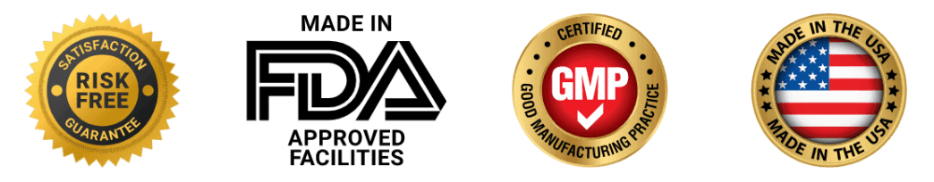 Premium Insufend supplement badges – FDA registered, GMP certified, non-GMO, natural, made in USA